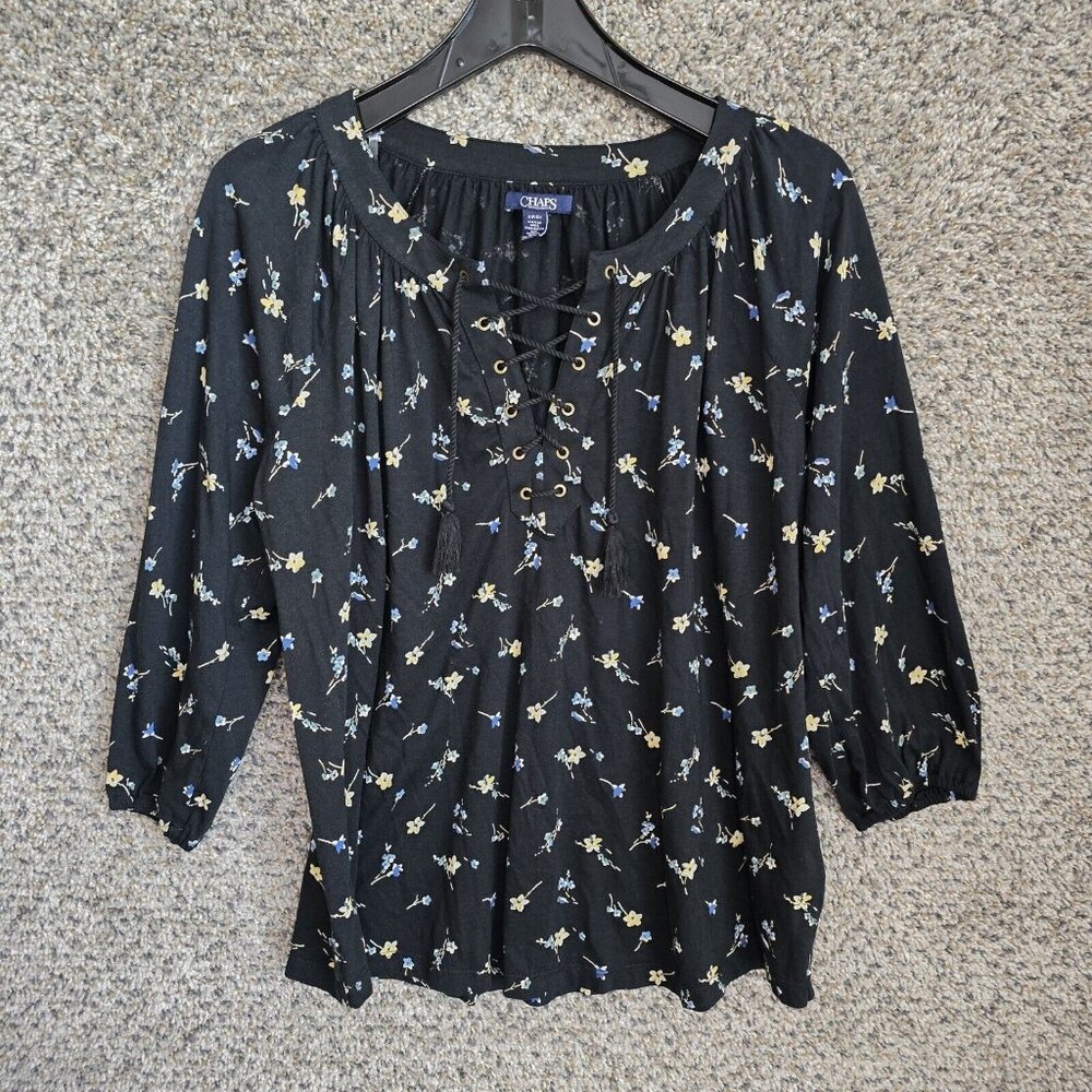Chaps Top Womens Small Black Floral Print Lace Up 3/4 Sleeve Blouse Ladies